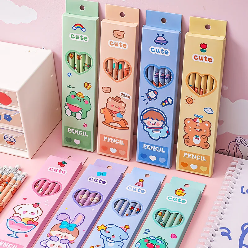 

6pcs sweetheart cute pet boxed cute pencil children HB painting sketch pen pupils writing exam with rubber pencil