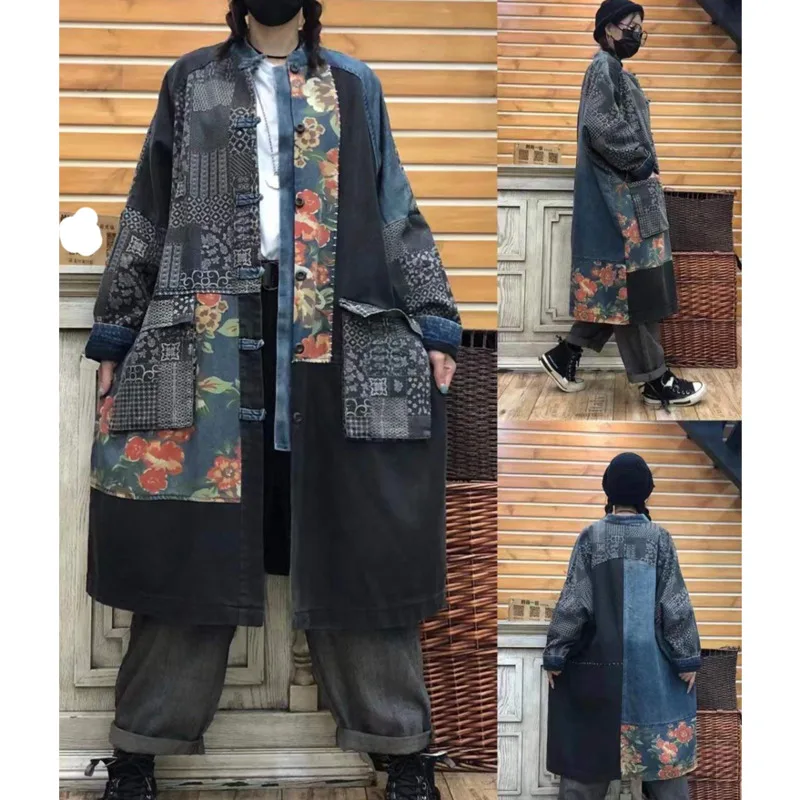 

QING MO 2021 Autumn Fashion Women Denim Coat Floral Stitching Contrast Color Large Size Windbreaker Cardigan Coat Black ZWL421