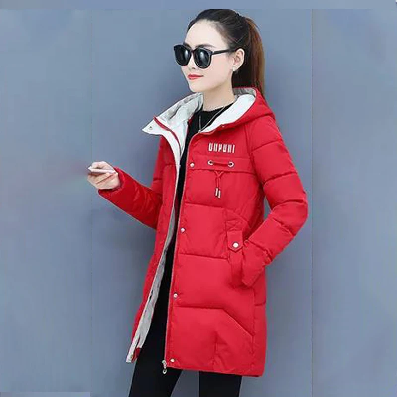 

2021 Winter Parka for Women Cotton Down Jacket with Hooded Stand-Up Collar Thicken Warm Padded Thick Coat Female Long Parkas 3XL