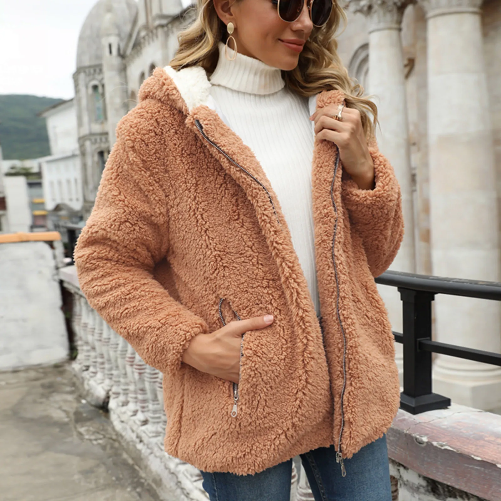 

Women's Hoodies Fleece Jacket Warm Winter Long Sleeve Casual Zip Up Solid loose Fashion Female Plush Coat With Pocket #40