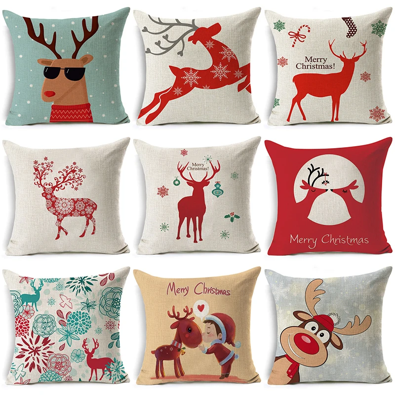 

45x45cm Christmas Deer Cartoon Pattern Cotton Linen Throw Cushion Cover Sofa Party Decor Pillowcover Home Throw Pillowcase 40150