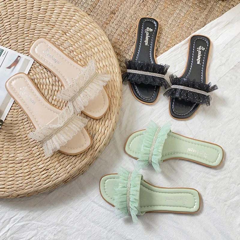 

Shoes Woman 2021 Square heel Slippers Casual Pantofle Low Block Luxury Soft Summer New Flat Rome Slides Rubber PU Basic Toe