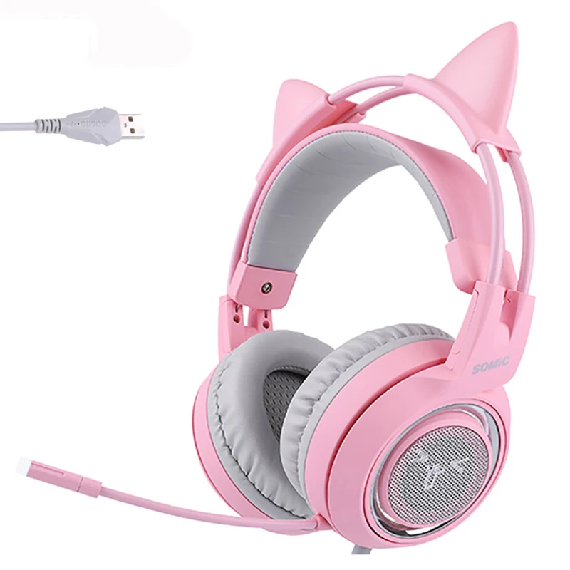 en Ucuz SOMIC Pembe Oyun Kulaklığı 7.1 Surround Ses G951 Kedi Kulak Stereo Gürültü Iptal Kulaklık Titreşim LED USB Kulaklık
