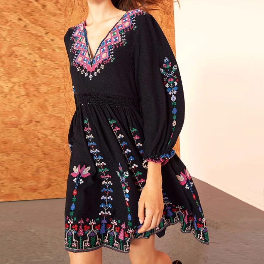 Женское винтажное платье с цветочной вышивкой Boho летнее v образным вырезом и