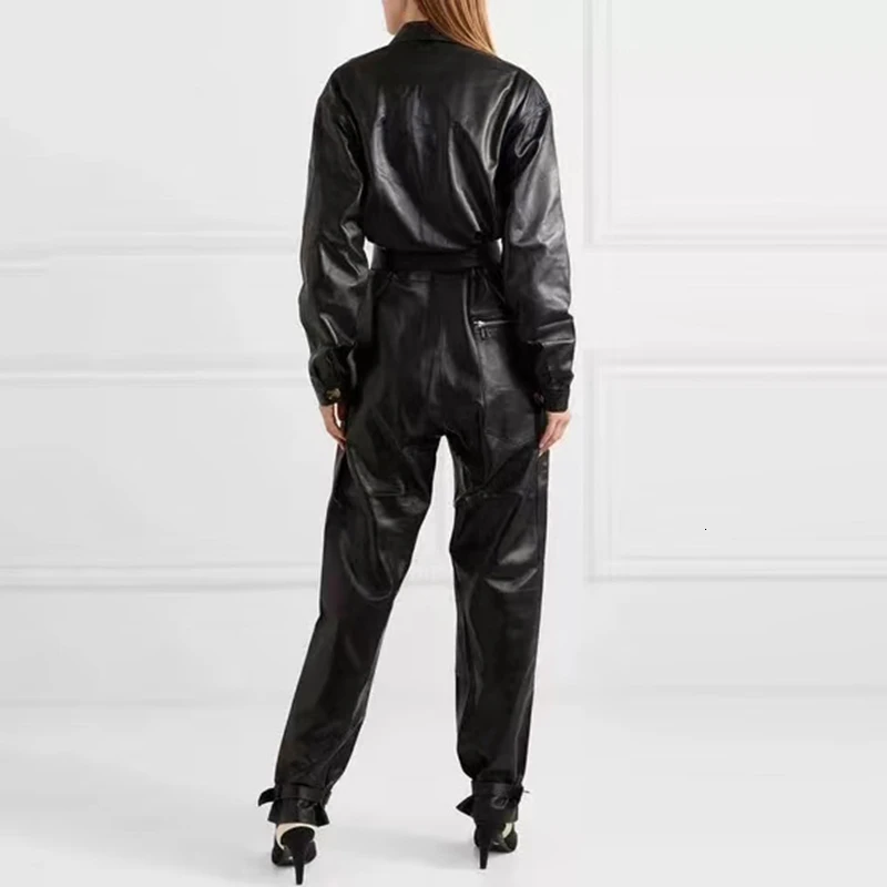 Повседневный женский комбинезон из искусственной кожи с воротником лацканами и