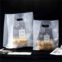 50pcs plastic frosted snowflake pattern tote bag coffee bakery pastry bag food takeaway packaging bag christmas gift packaging