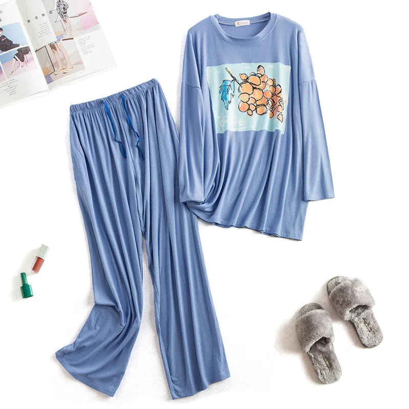 

Spring Autumn Pajamas Women Lengthened Modal Fruit Comics Loose Casual Sleepwear Pyjama Set Home Clothes 130 Kg Can Wear