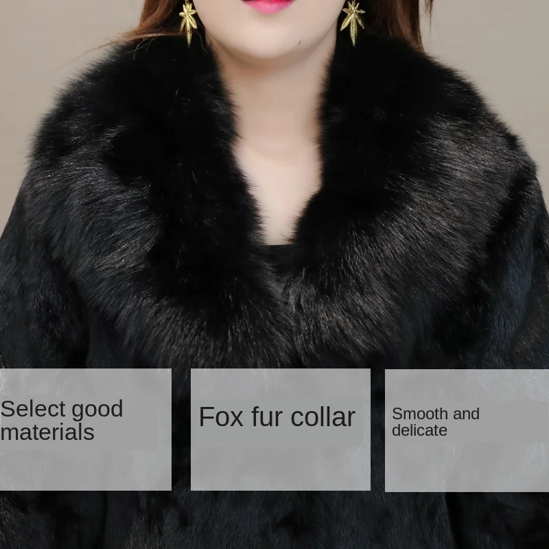 Длинное женское пальто из натурального кроличьего меха с воротником лисьего