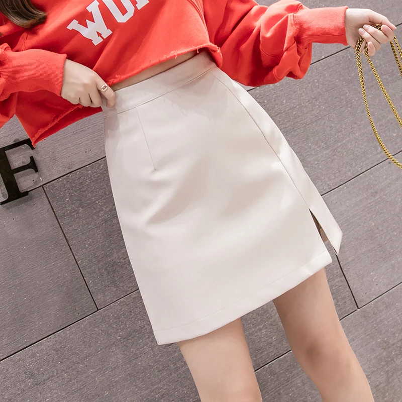 

Split Front Women Sexy Mini Skirt AL0163 A Line Spring High Waist Black Green Apricot PU Leather Skirt