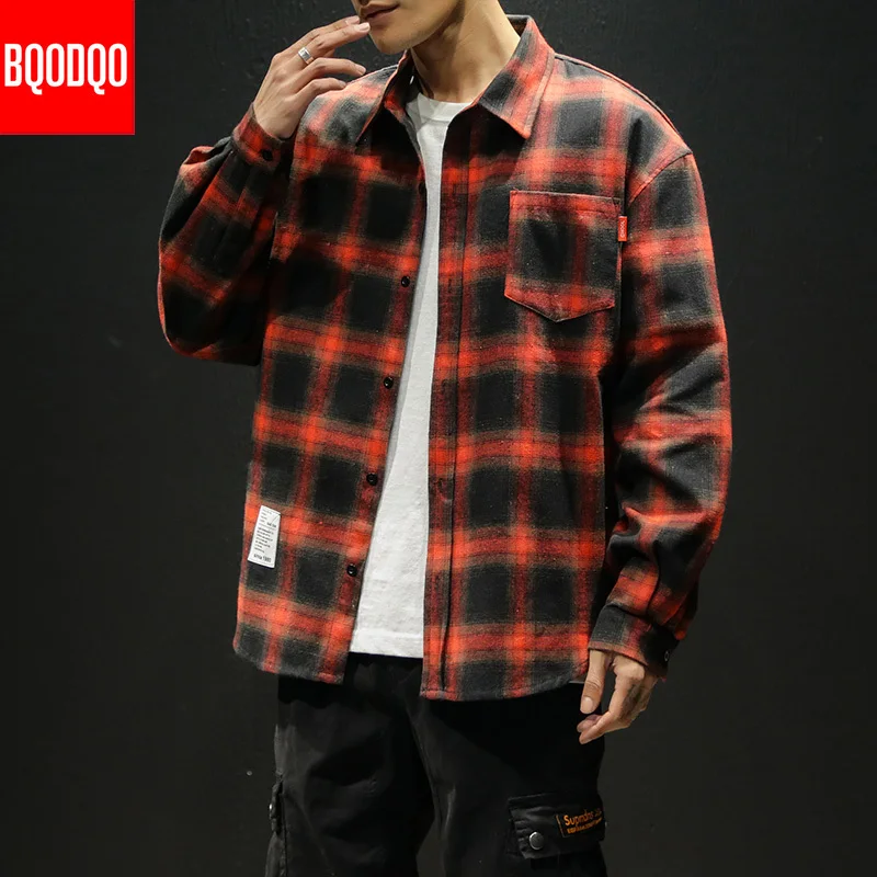 Рубашка мужская хлопковая в клетку Повседневная Уличная одежда стиле преппи