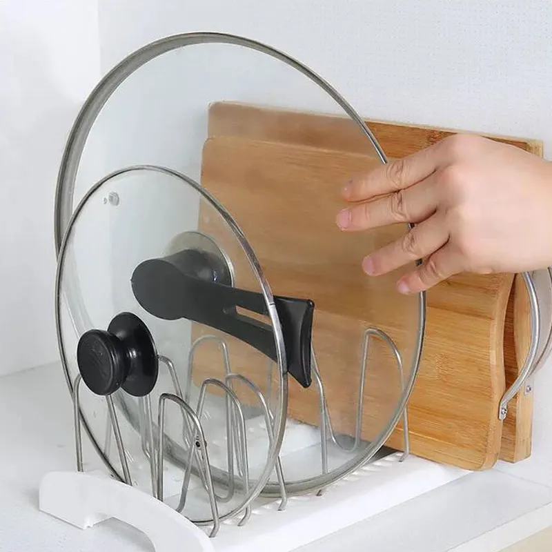 

Stainless Steel +PP Storage Rack Pot Lid Rack Pan Cutting Board Stand Holder Organizer Adjustable Length Kitchen Supplies