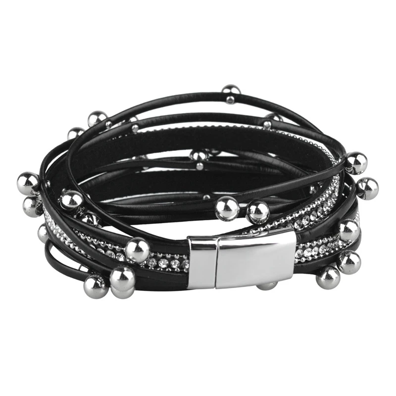 

Multilayer PU Bracelet Fashion Rhinestone Inlay Rope Chain Temperament Magnet Buckle Jewelry Accessories Bracelet Gift For Women