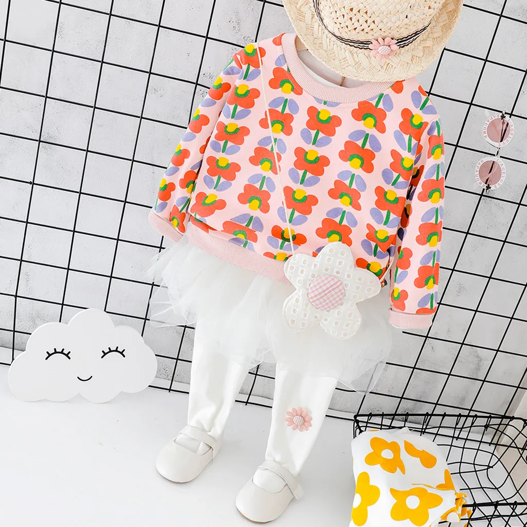 Детский осенний комплект одежды для девочек свитшот с цветочным принтом и штаны