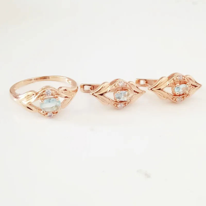 ring size 10 Новое поступление, комплекты ювелирных изделий, синий кубический циркон, комплекты ювелирных изделий, в форме цветов, 585, золотой цвет, модная Сережка+ кольца, ювелирные наборы - Окраска металла: ring size 10