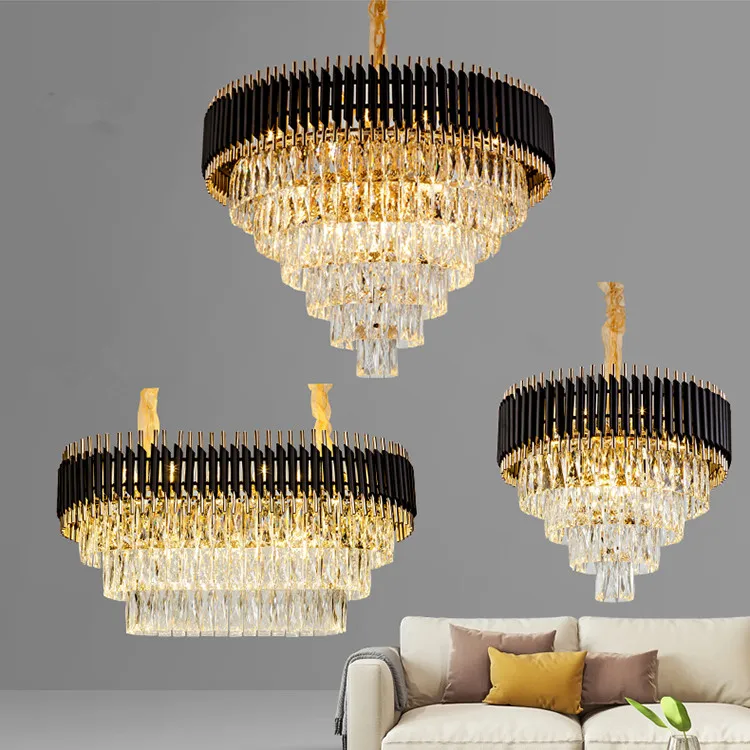 

Modern Dining Room Luxury E14 Led Pendant Light Oval Shiny Gold Black Led Hanging Light Lustre K9 Crystal Led Lighting Fixture