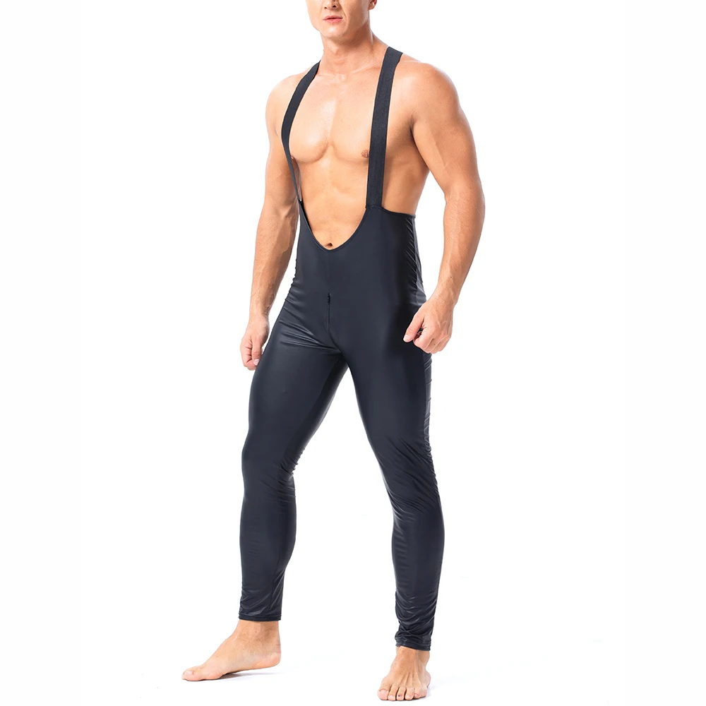 

2020 Wet Look Latex Catsuit Faux Leather Jumpsuits Black Stretch PVC Bodysuits Sexy Clubwear Men Open Crotch Lingerie Body Suit