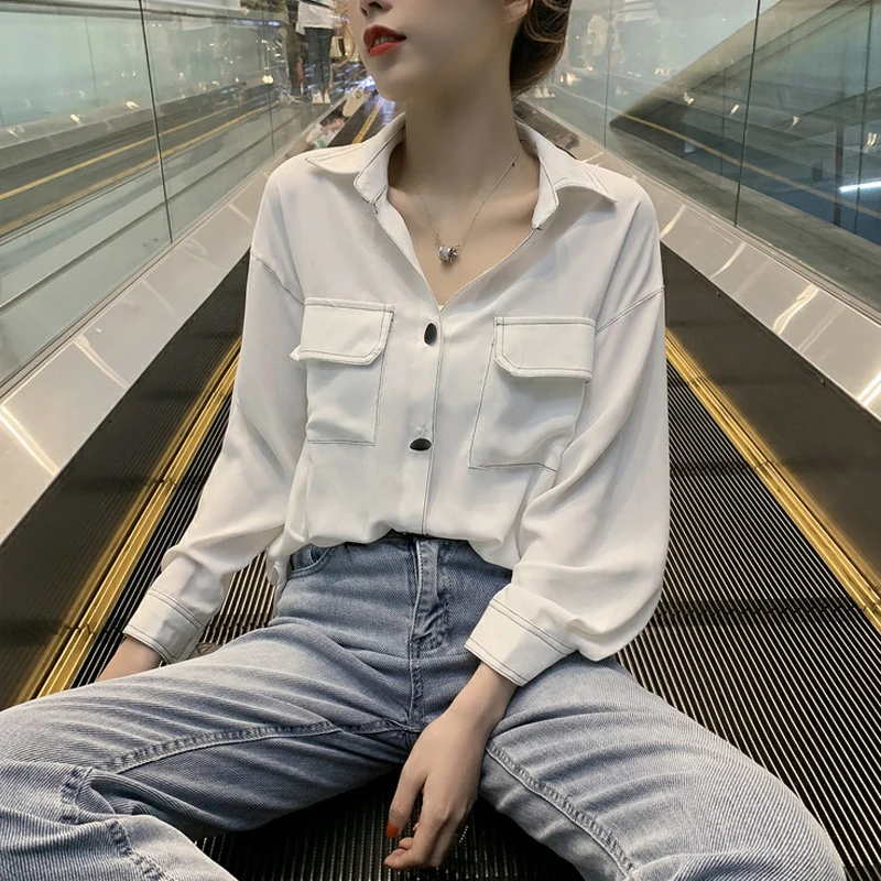 Белая Осенняя женская рубашка поло в стиле Харадзюку с длинными рукавами и