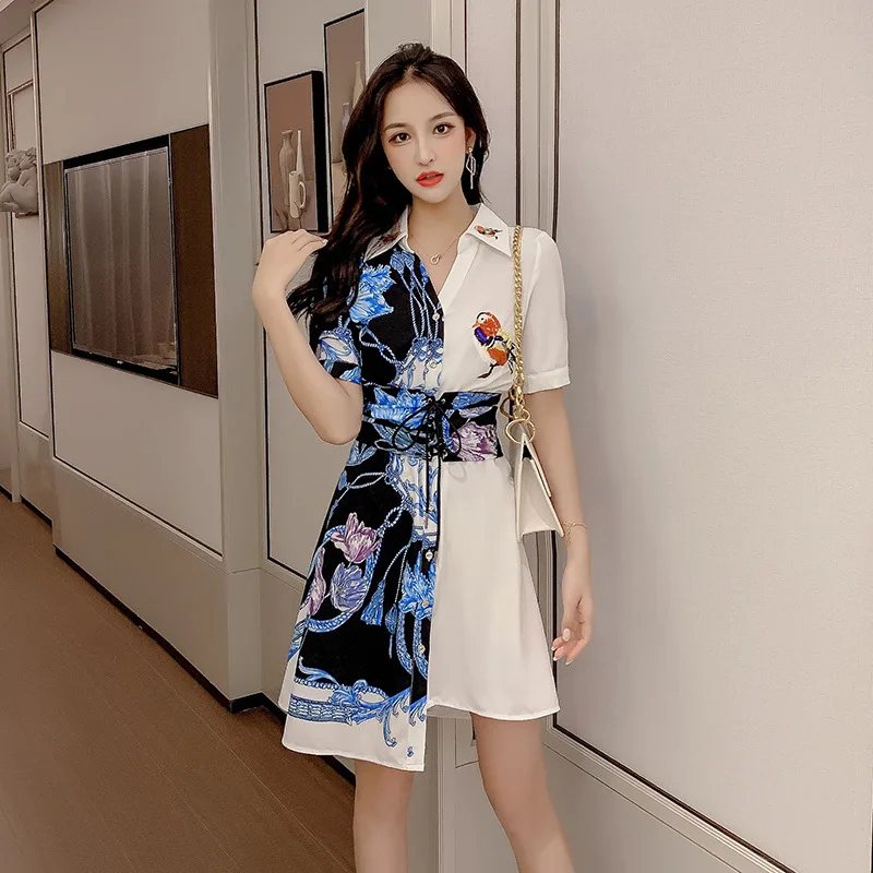 

Summer Office Ladies' Sexy Irregular Print Shirt Dress Temperament Show Thin Waist Short Shirt Dress Women Fashion Clothes 2021