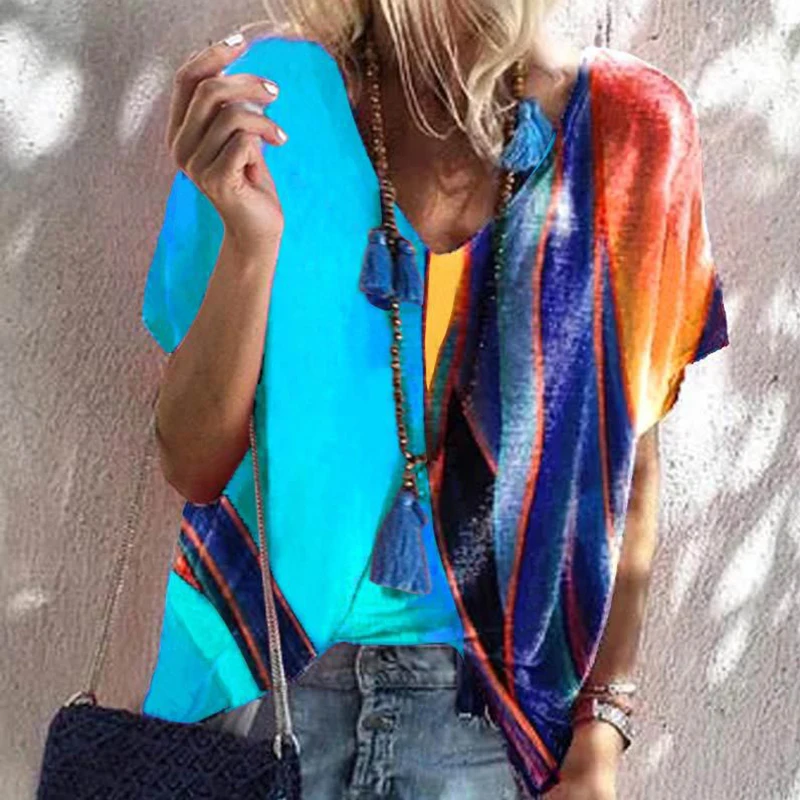 

Summer Fashion New Women Clothing T-shirt Color Patchwork Short Sleeve O-neck Casual Loose Office Lady Street Wear Tee Shirt