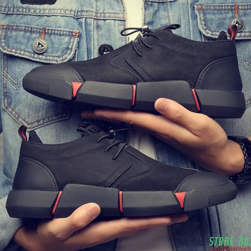 

Brand High quality all Black Men's leather casual shoes Fashion Sneakers winter keep warm with fur flats big size 45 46 896