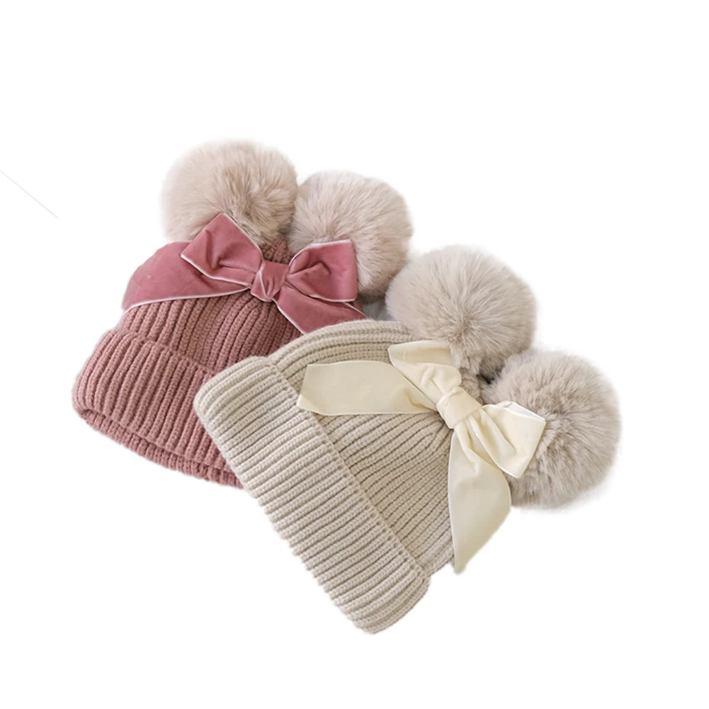 

Children Kid Girls Knitted Warm Beanies Cap Solid Soft Pompon Bow Knot Hats Toddler Girl Cap Hats Baby Cute Accessories 2-6Y