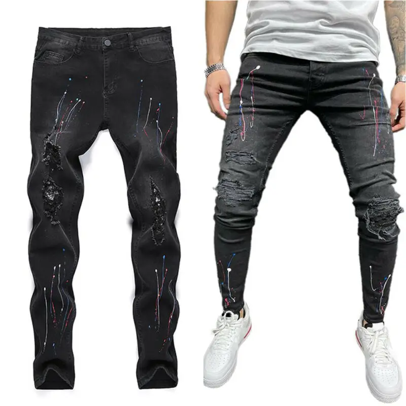 

Men Fashion Slim Stretch Paint Dot Denim Ripped Jeans Skinny Pants Trousers UK