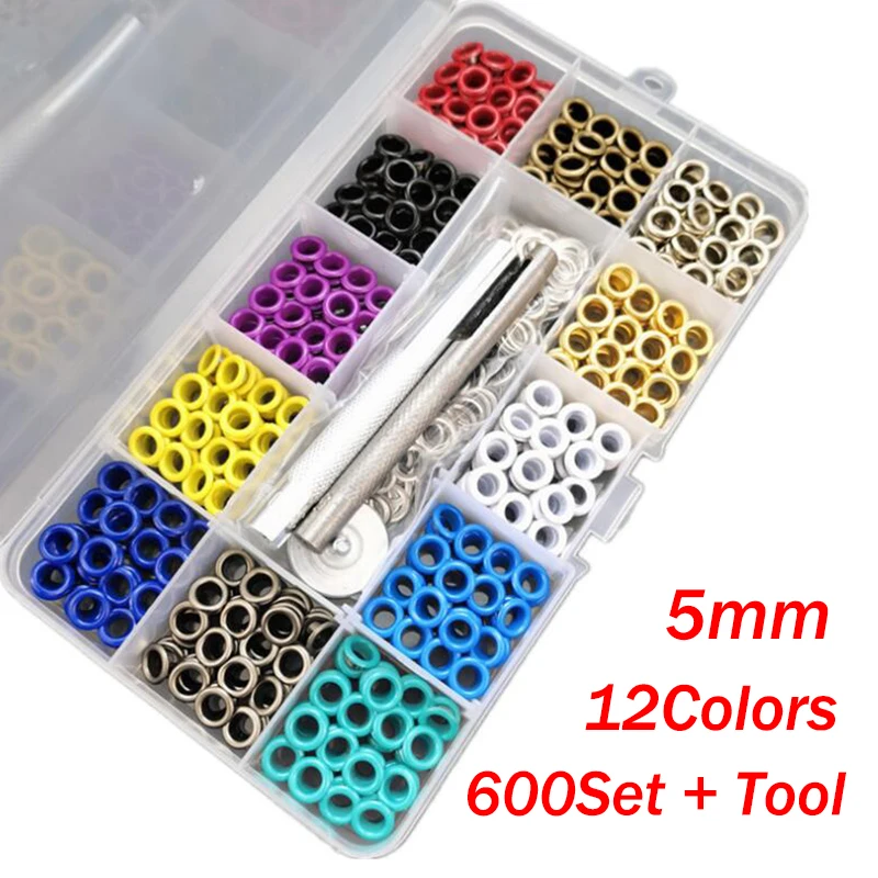 

360/500/600Sets Grommet Kit 5/6mm Round Metal Grommets Eyelets with Install Tool Storage Box for Tarps Fabric Clothing Leather