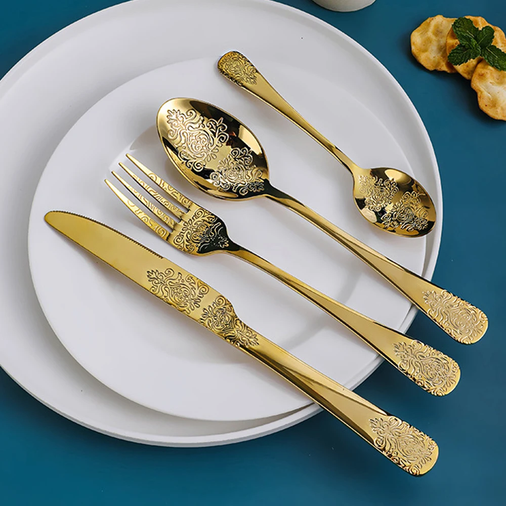 24pcs Cutlery Set Gold Tableware Dinnerware 304 Stainless Steel Carved Spoon Forks Knife Kitchen Western Dinner Silverware Gift | Дом и сад