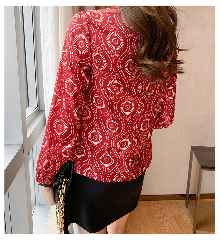 

Houthion Silk Women's Blouses Fashion Casual Silk Shirt New Korean Style Long-sleeved Top Printed Blouse Full Print Regular
