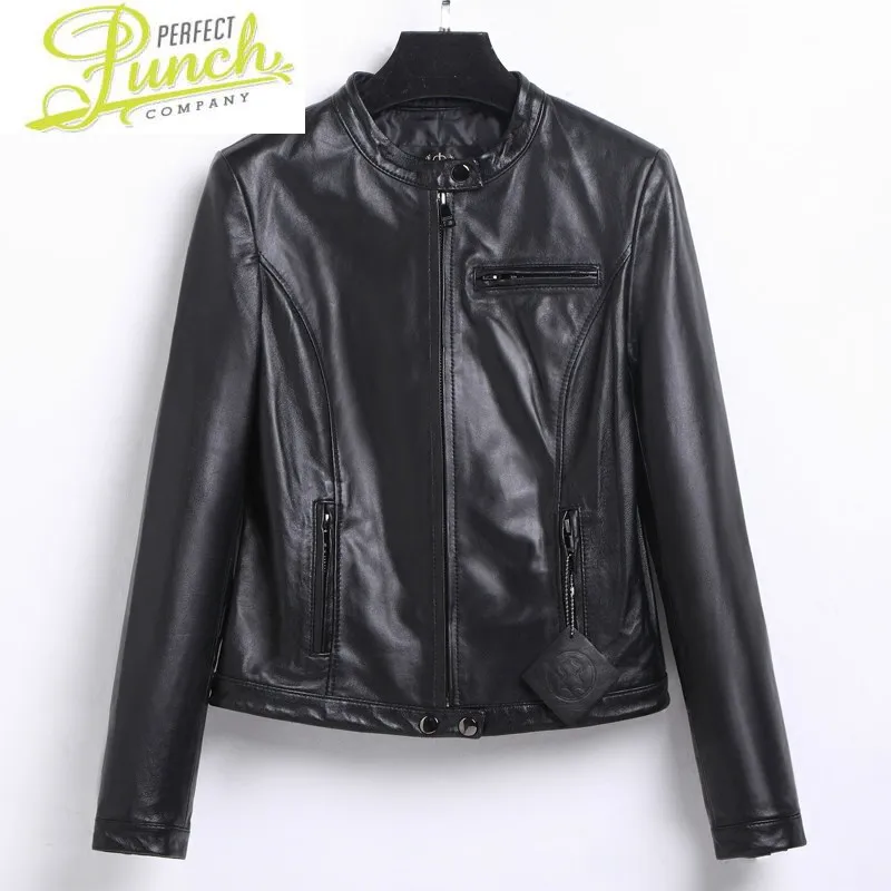 Genuino Jacket Women Cuero Sheepskin Leather Jackets Spring Autumn Black Short Slim Motocycle Streetwear 6618 MF177