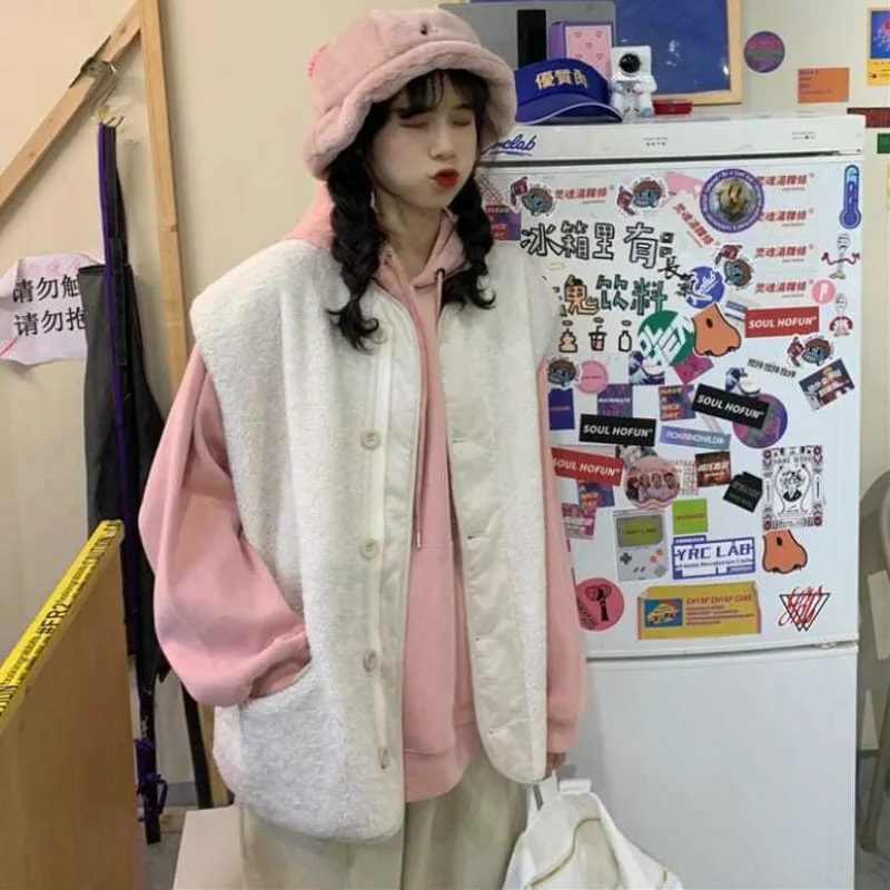 

Oversize 4XL Women Vest Waistcoat Fashion Korean Solid Single Breasted Shrugs Jackets Student Lambswool Plus Velvet Coat Outwear