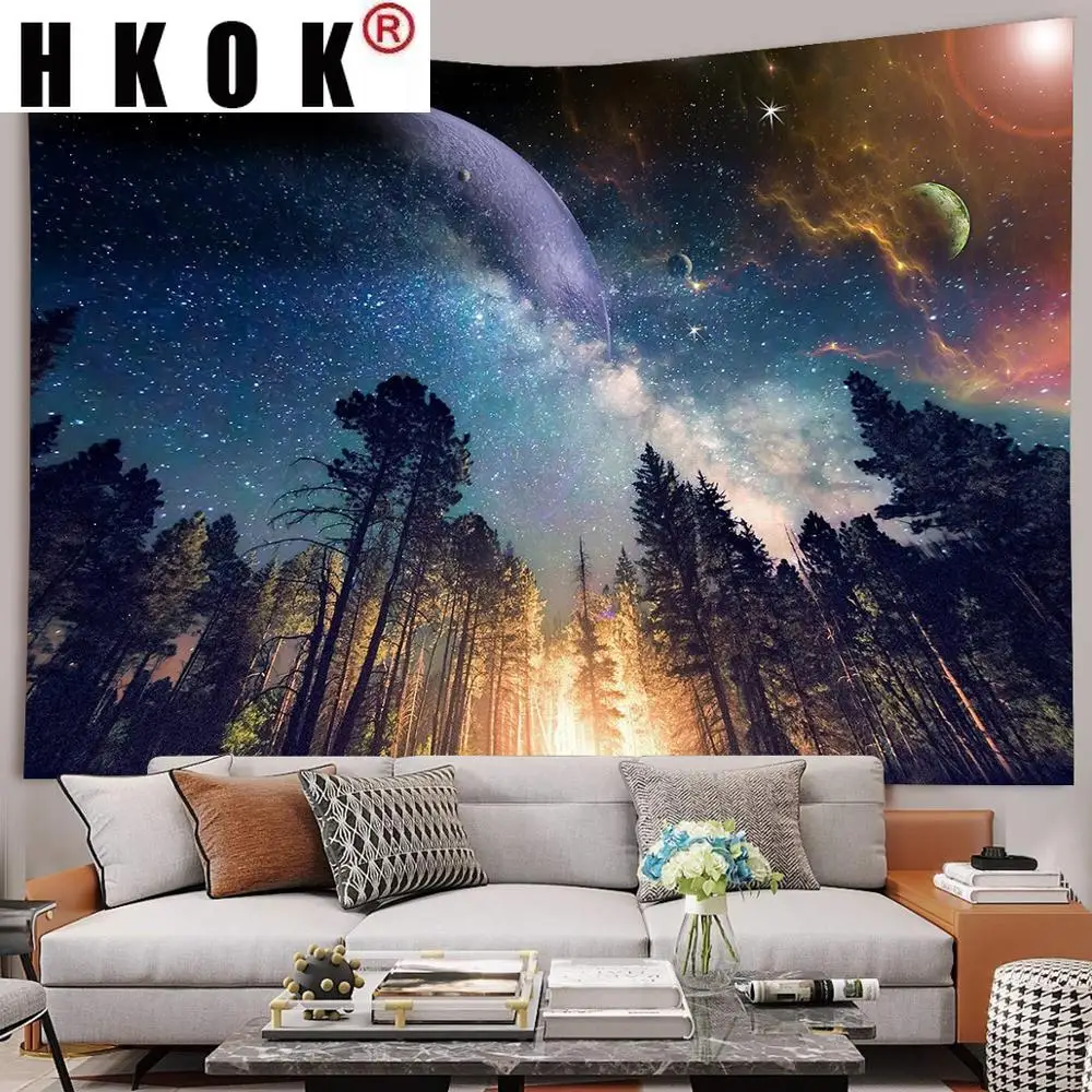 

HKOK Starry Sky Tapestry Wall Hanging Hippie Dragon Forest Psychedelic Farmhouse Tenture Tapisserie Beach Custom Home Decor