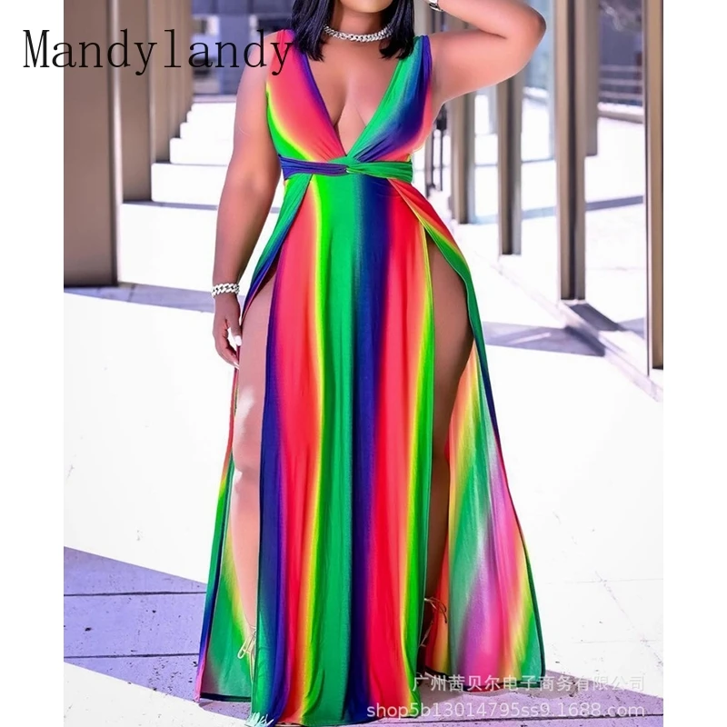 

Летнее модное платье Mandylandy без рукавов с высокой талией и V-образным вырезом, женское сексуальное облегающее платье в полоску с цветочным пр...