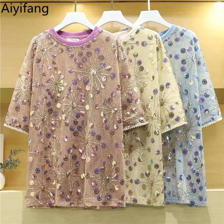 2021 новые модные летние женские Размеры футболки топы с блестками и вышивкой