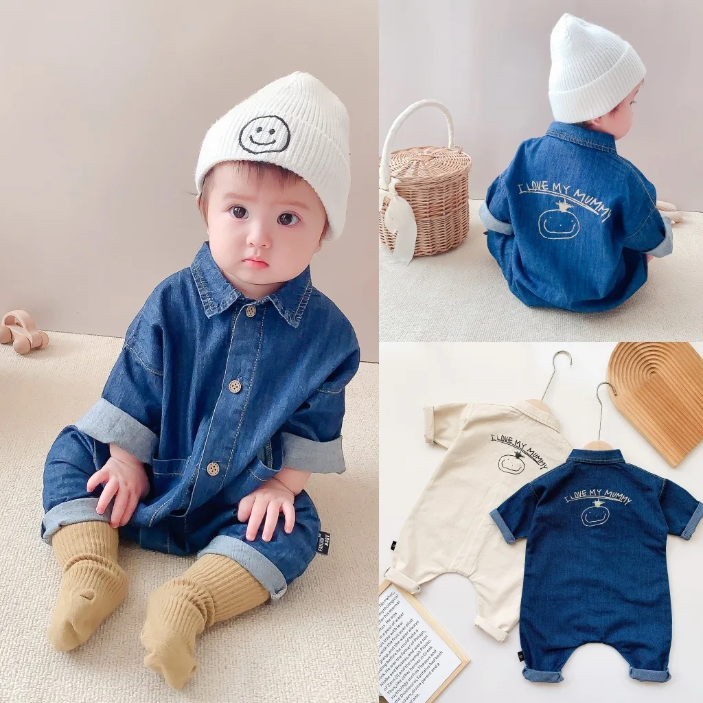 

2021 Baby Fall Lapel Denim Long Sleeve Jumpsuit Boy Fall Clothes Baby Romper Newborn Clothes Baby Girl Fall Clothes Rompers