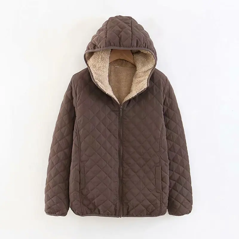 

New Autumn and Winter Plaid Embroidered Short Padded Coat with Velvet and Thick Lamb Hair