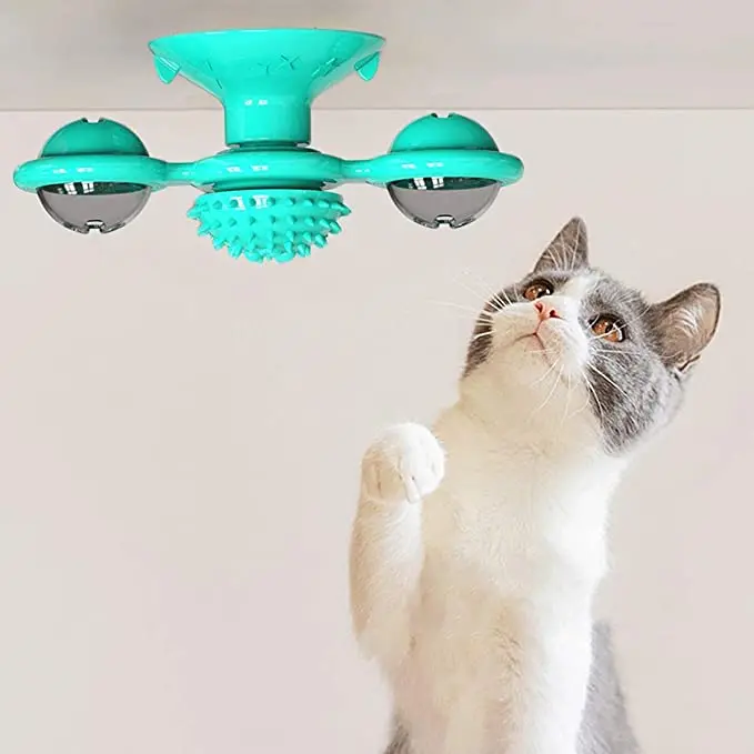 

Interactive Cat Toy Windmill Portable Scratch Hair Brush Grooming Shedding Massage Suction Cup Catnip Cats Puzzle Training Toy