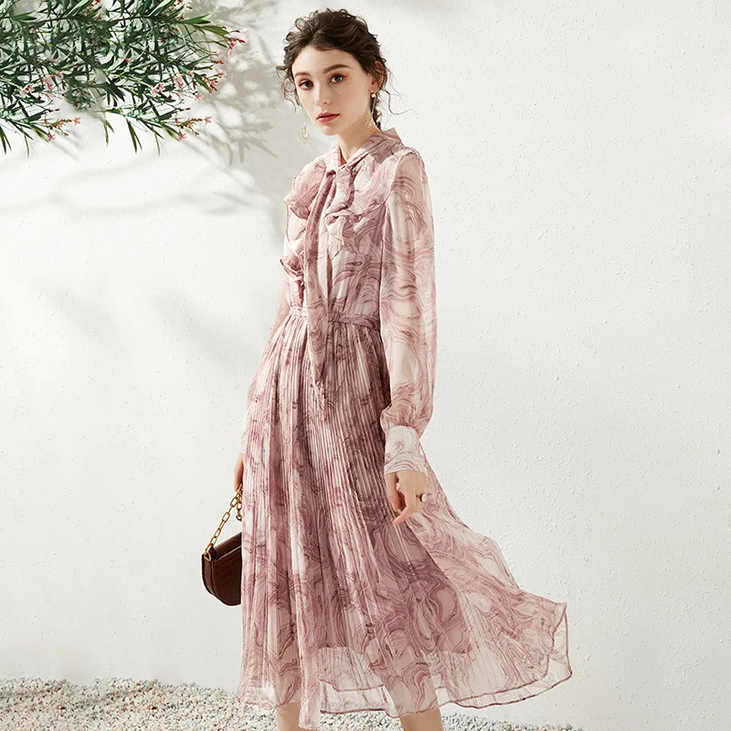 Милое женское весеннее шифоновое платье с длинным рукавом принтом бантом