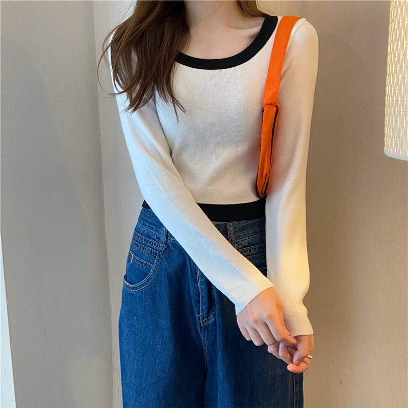 

Women's Knitted Pullover O Neck Contrast Color Long Sleeves Thin Short Tops Wholesale Autumn Korean New Fashion Female Clothing