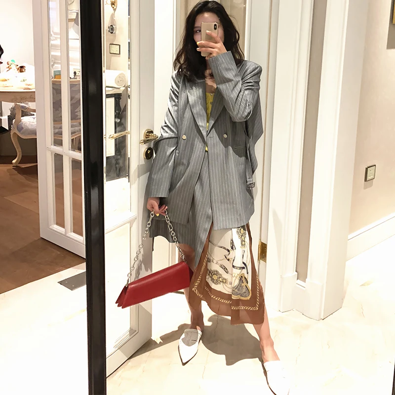 Deat New Autumn And Winter Lapel Long Sleeve Gray Striped Pattern Printed Loose Jacket+skirts Print Set JT077