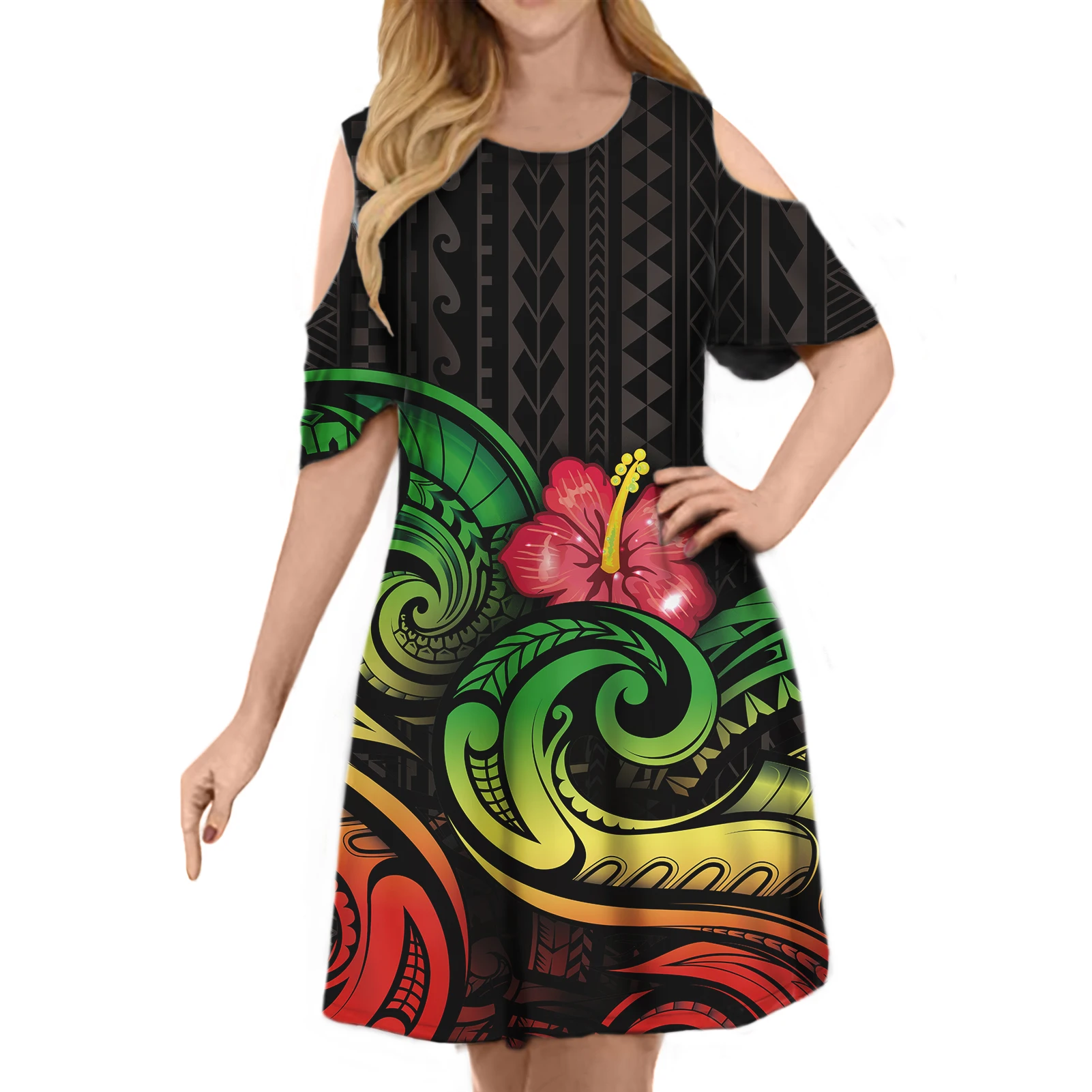 

Sun Dresses 2021 Women Plus Size Cold Shoulder Polynesian Plumeria Mix Tropical Floral Hawaii Summer Dress Cottagecore Party