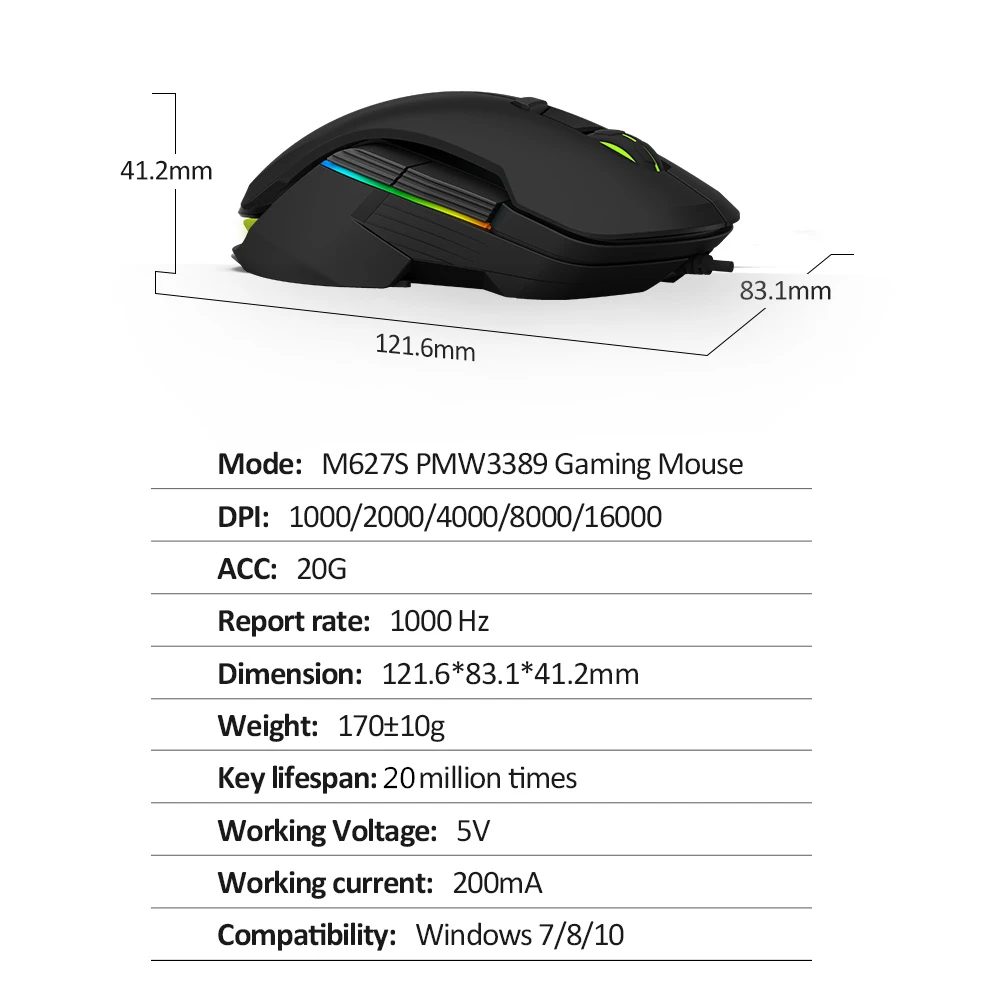 delux m627s pmw3389 sensor wired gaming mouse 8 buttons 16000 dpi rgb backlight optical left and right hand mice diy side wings free global shipping