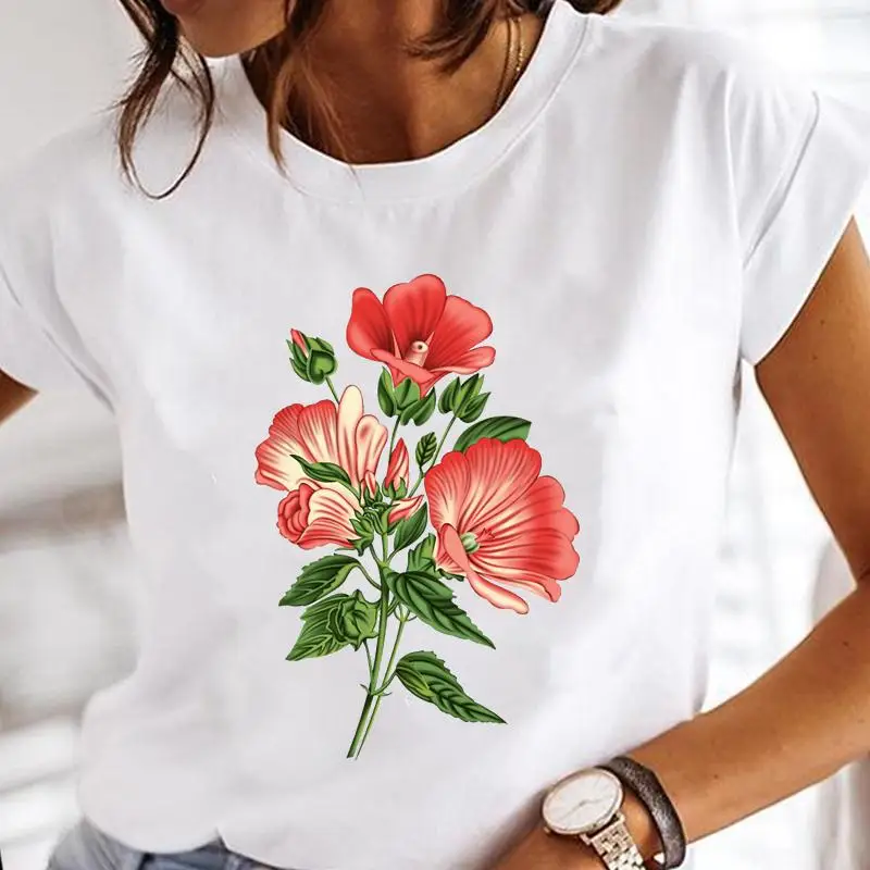 

Women Sweet 90s Cartoon Fashion Clothes Print Short Sleeve Tops Watercolor Flower Lovely Sweet 2022 Tees Female Tshirt T-Shirt