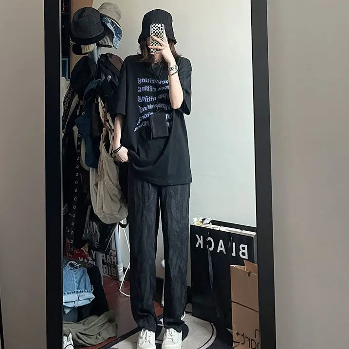

Black straight pants female summer thin Korean students loose and thin versatile high waist drop feeling wide leg casual pants