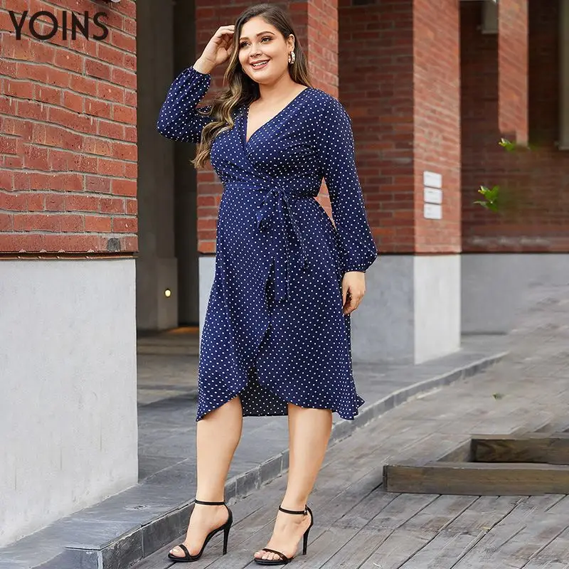 Женское богемное платье миди YOINS винтажное в горошек с v образным вырезом поясом и