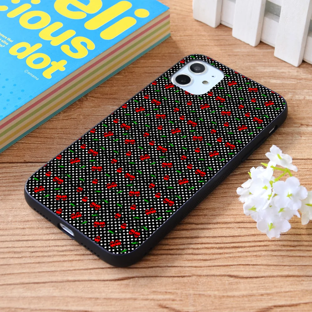 

For iPhone Cherry skulls polkadot Soft TPU border Apple iPhone Case