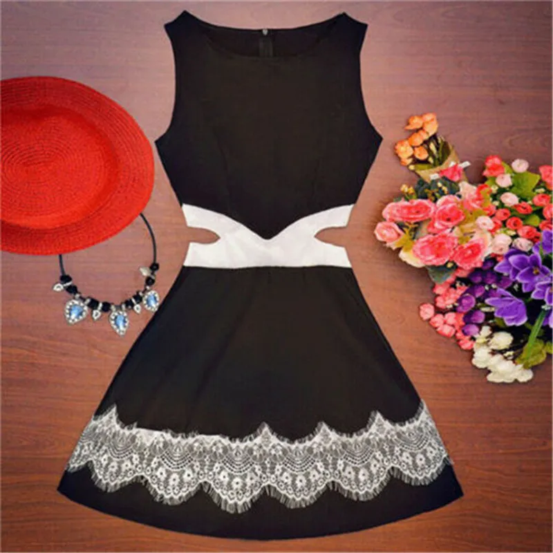 

Harajuku style Women Dress Casual Summer Sleeveless Lace Floral Chiffon A-Line Elegant Short Mini Dress Ladies Party Mini Dress