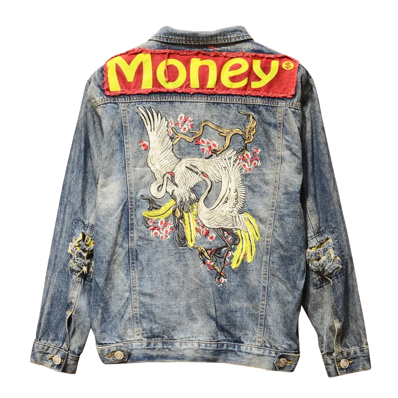 Куртка мужская джинсовая в стиле Харадзюку уличная одежда с вышивкой журавля