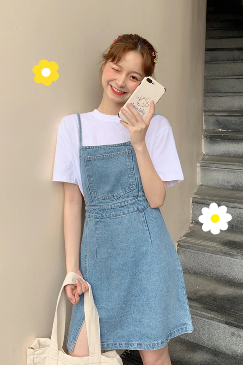 

New 2020 Summer Women Chic Denim Dresses Fashionable High Elastic Waist Casual Vintage Split Sashes Strap Sweet Lady Mini Dress