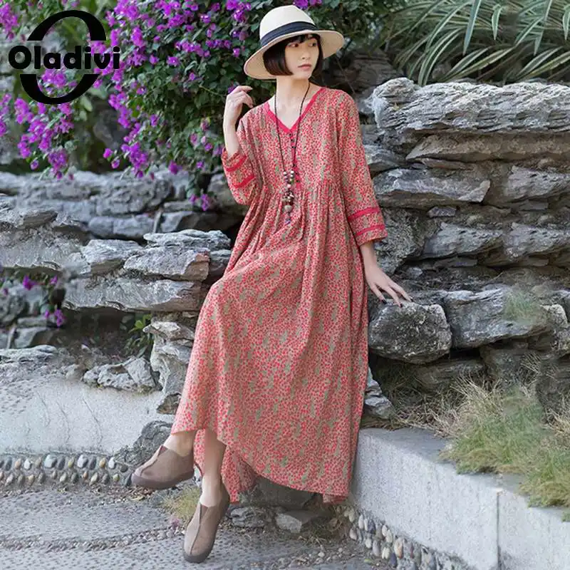 

Oladivi Oversized Cotton Linen 3/4 Sleeve Loose Dress Women Spring Autumn Casual Print Long Dresses Large Clothes Robe Vestidios